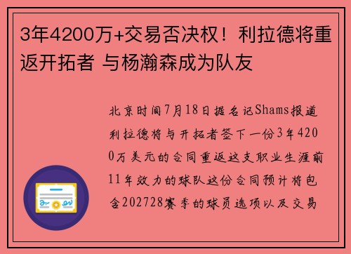 3年4200万+交易否决权！利拉德将重返开拓者 与杨瀚森成为队友